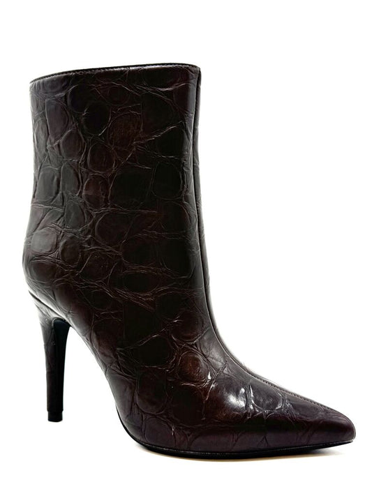 Dark Brown Embossed Ankle Boot with Pointed Heel