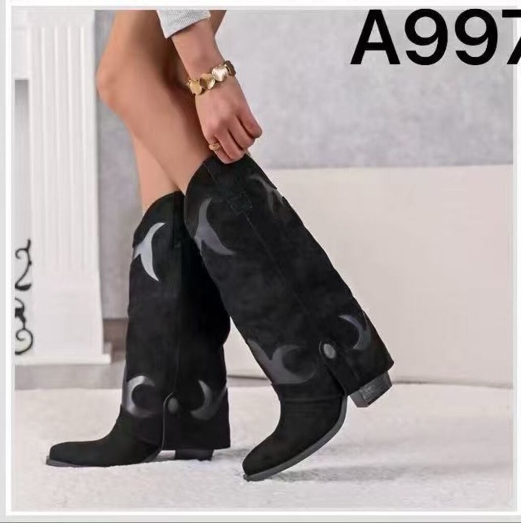 Black Suede Knee-High Boots with Crescent Detail