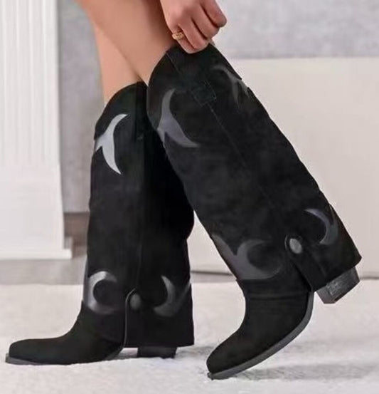 Black Suede Knee-High Boots with Crescent Detail