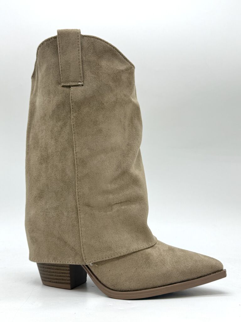 Taupe Suede Western Boot with Stacked Heel