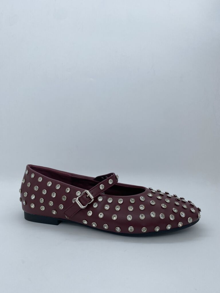 Burgundy Studded Ballet Flats with Strap Detail