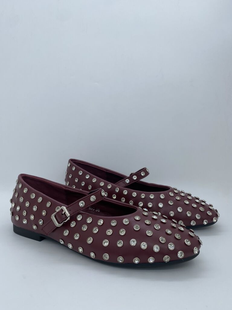 Burgundy Studded Ballet Flats with Strap Detail
