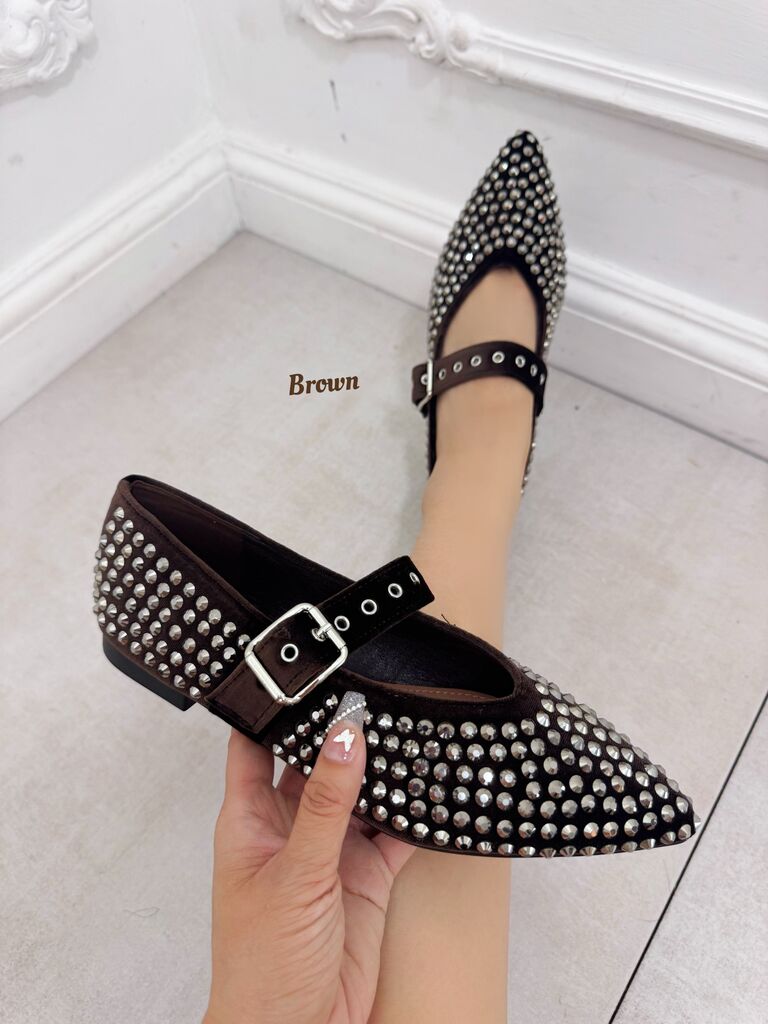 Brown Studded Mary Jane Flats with Adjustable Strap