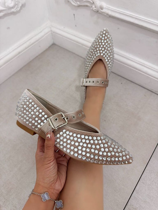 Silver Embellished Flats with Ankle Strap