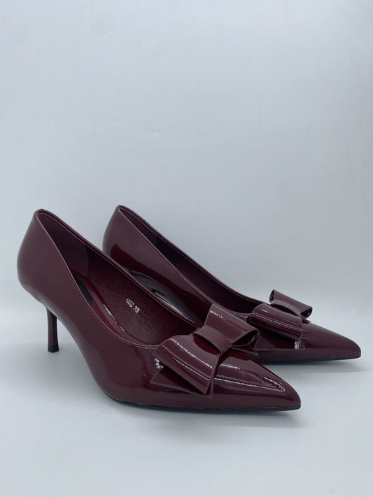 Burgundy Patent Bow Accent Heels