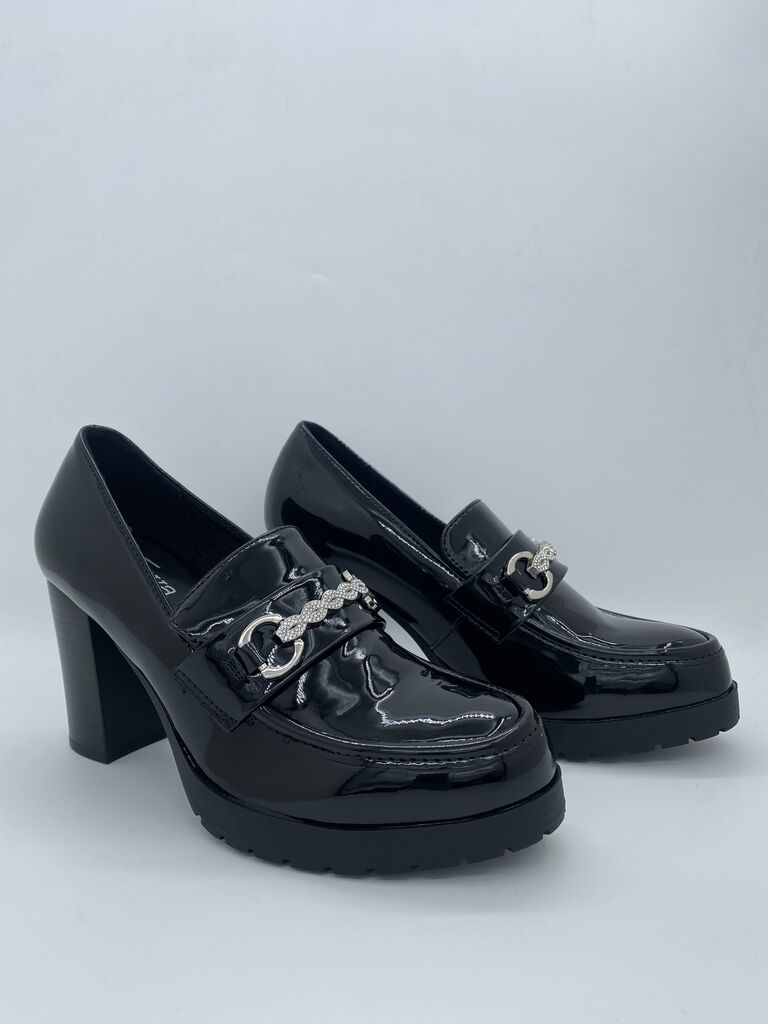 Black Patent Loafers with Chunky Heel
