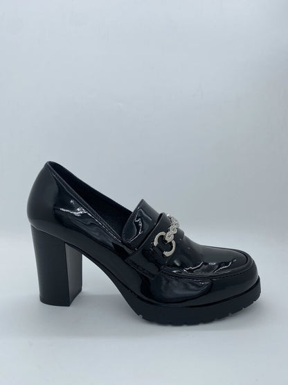 Black Patent Loafers with Chunky Heel