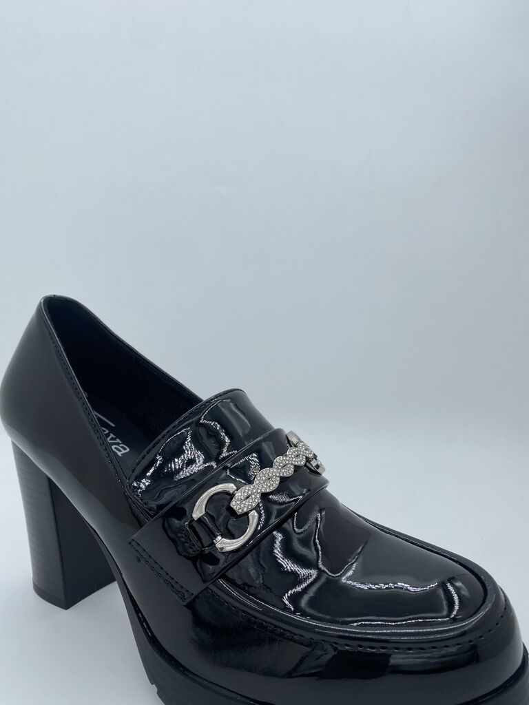 Black Patent Loafers with Chunky Heel
