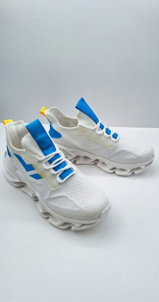 White Mesh Sneakers with Blue Accents and Unique Soles