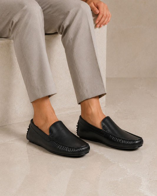 Black Leather Loafers with Classic Stitching