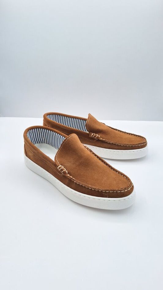 Tan Suede Slip-On Shoes with Stripe Lining