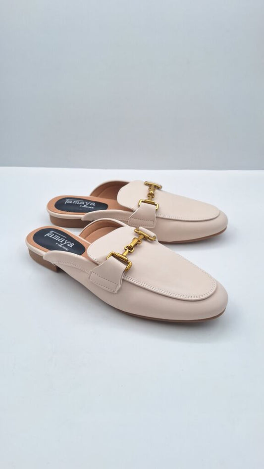 Cream Vegan Leather Slip-On Loafers with Gold Accent