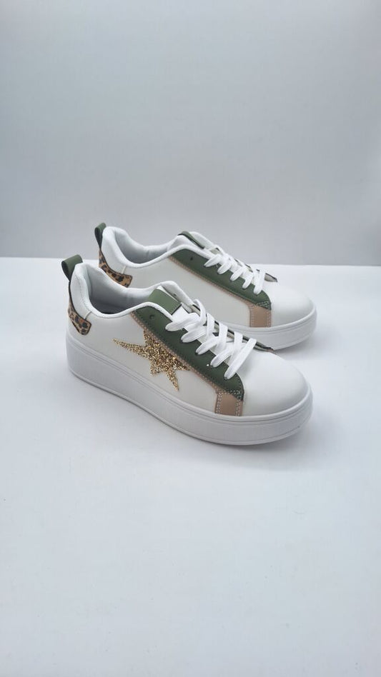 White and Green Sneakers with Gold Star Accent