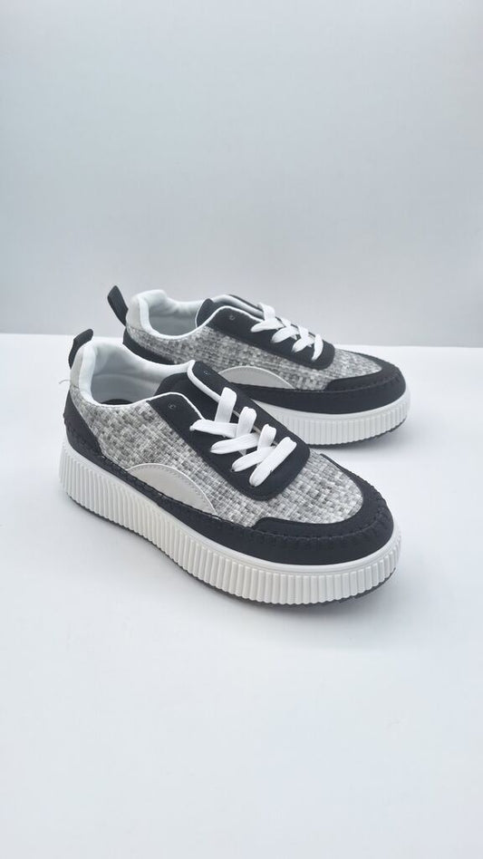Black and Grey Textured Low-Top Sneakers with White Sole