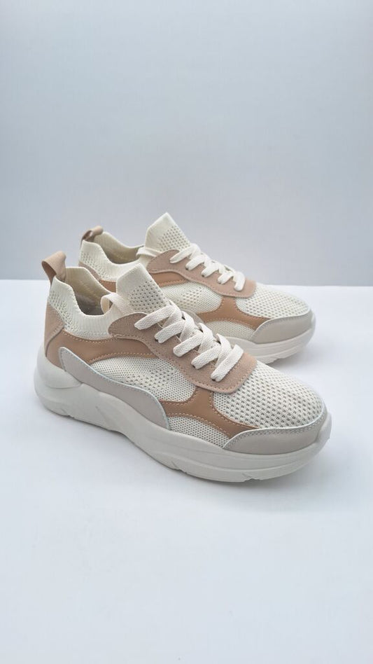 Beige Mesh Sneakers with Contrast Panels