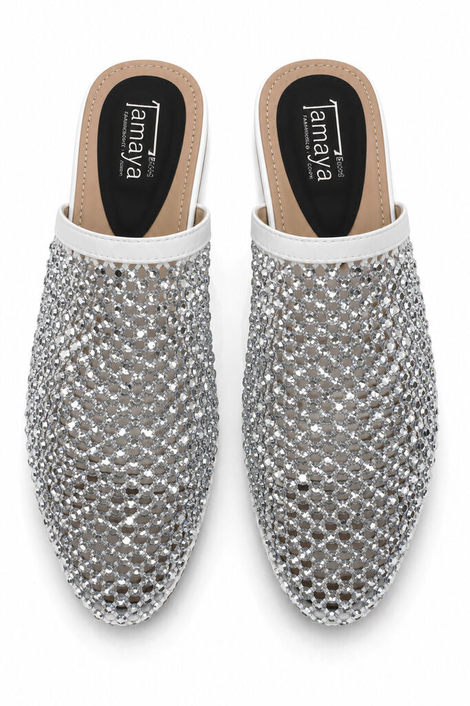 Heeled Mule Open-Toe Strass WHITE