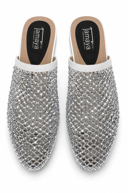 Heeled Mule Open-Toe Strass WHITE