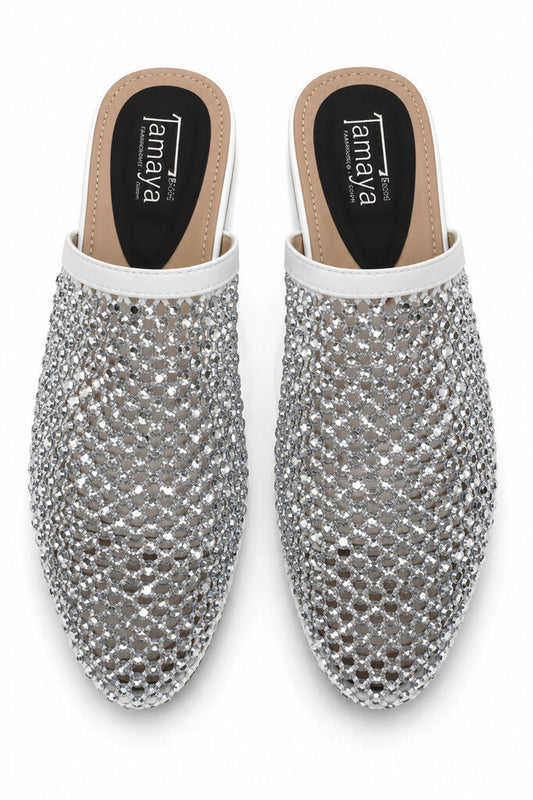 Heeled Mule Open-Toe Strass WHITE