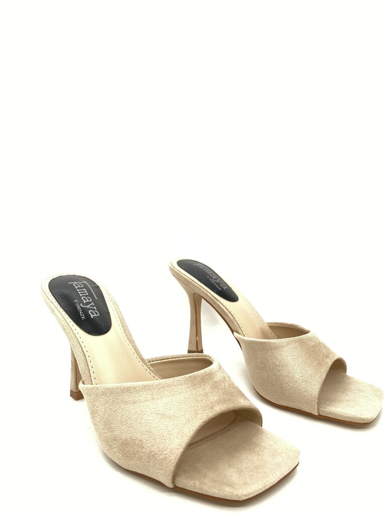 Heeled Mule Open-Toe Suede BEIGE