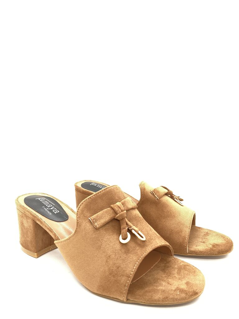 Heeled Mule Open-Toe Suede CAMEL