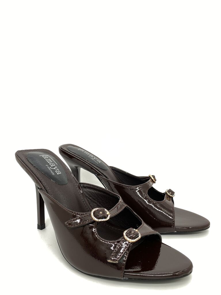 Heeled Mule Open-Toe Vernice BROWN
