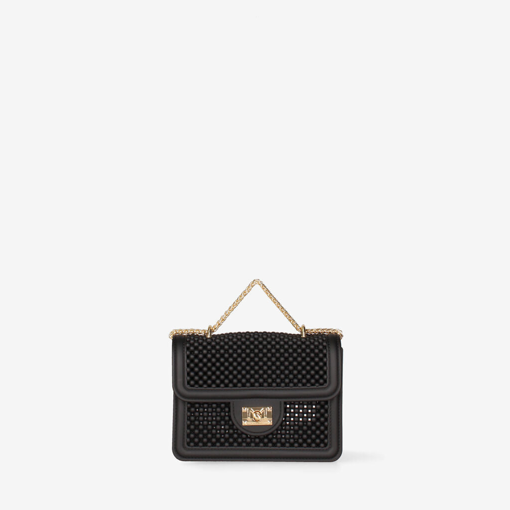 Black Textured Shoulder Bag with Gold Chain