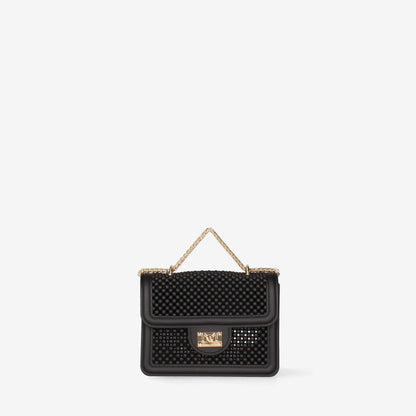 Black Textured Shoulder Bag with Gold Chain