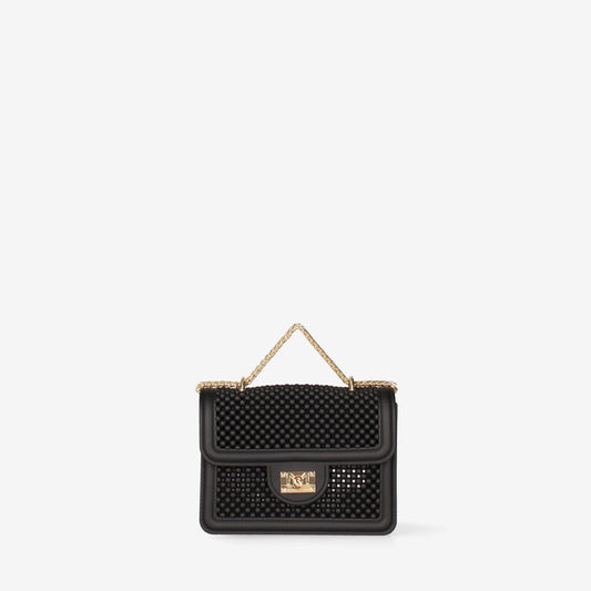 Black Textured Shoulder Bag with Gold Chain