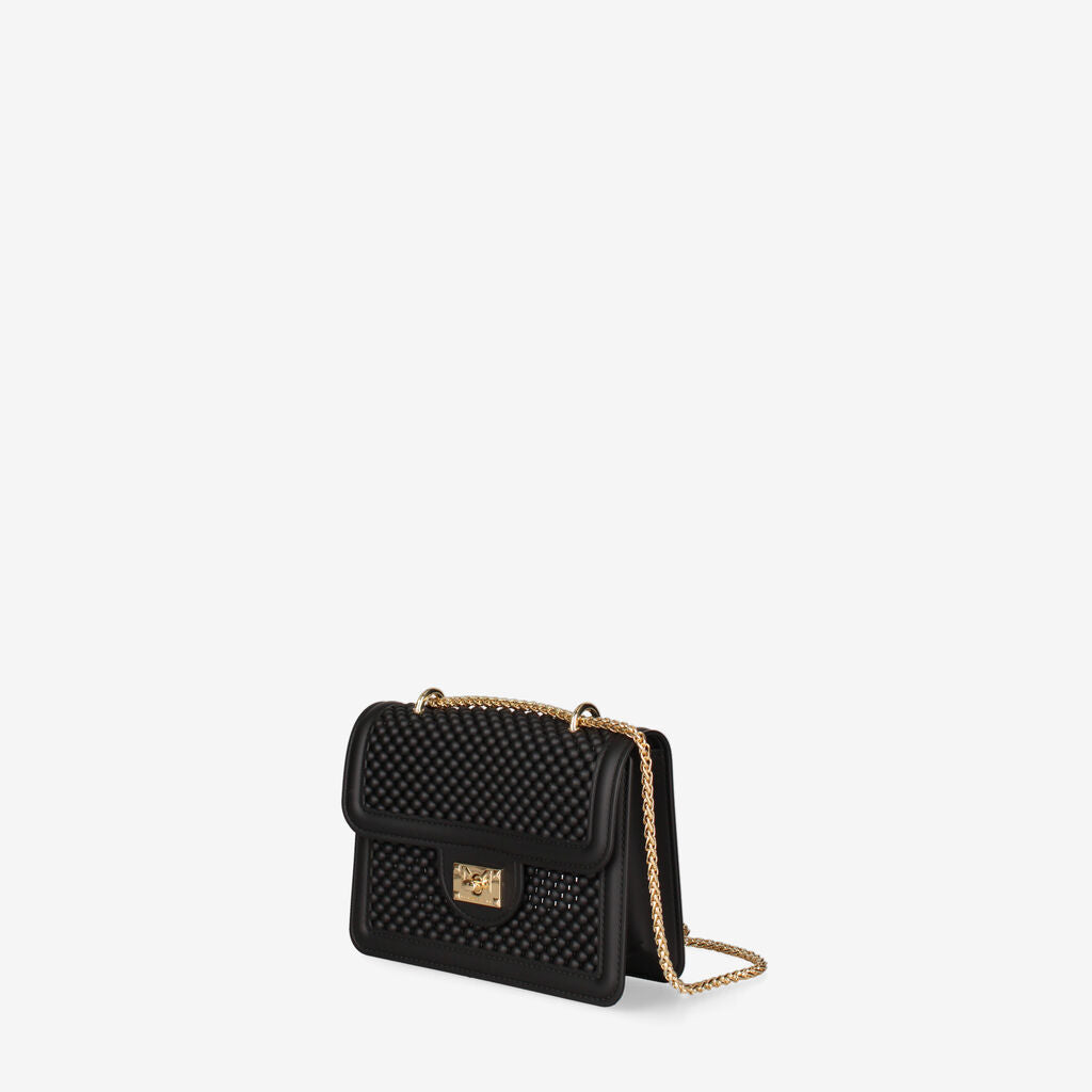 Black Textured Shoulder Bag with Gold Chain