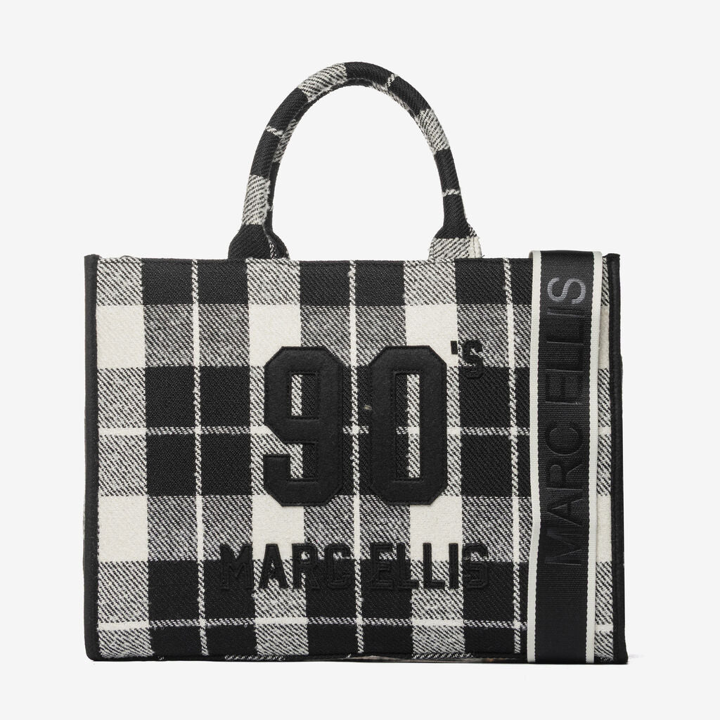 Black and White Plaid Tote Bag with Embroidered Details
