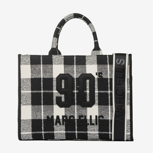 Black and White Plaid Tote Bag with Embroidered Details
