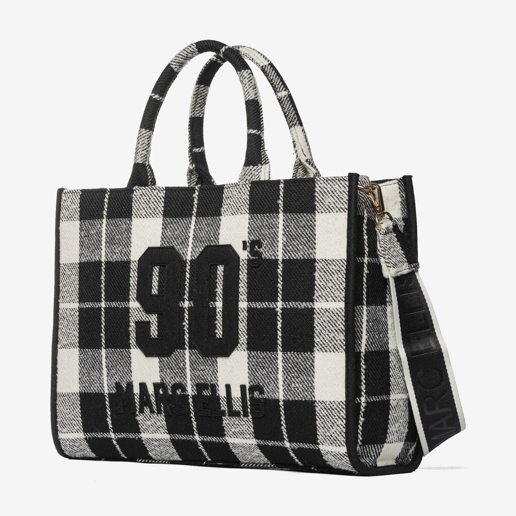 Black and White Plaid Tote Bag with Embroidered Details