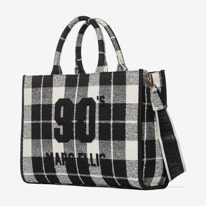 Black and White Plaid Tote Bag with Embroidered Details
