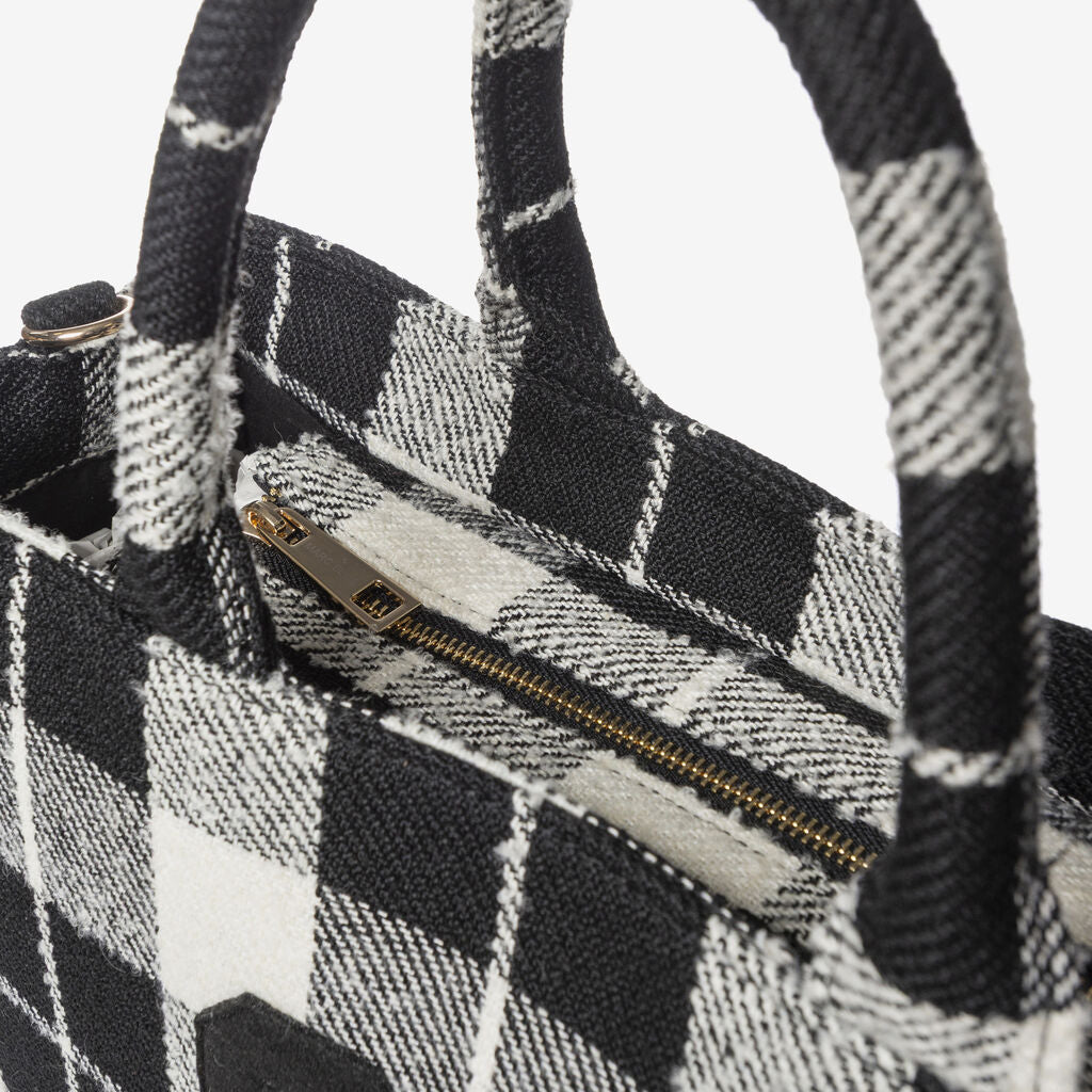 Black and White Plaid Tote Bag with Embroidered Details