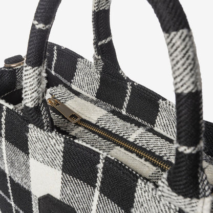 Black and White Plaid Tote Bag with Embroidered Details
