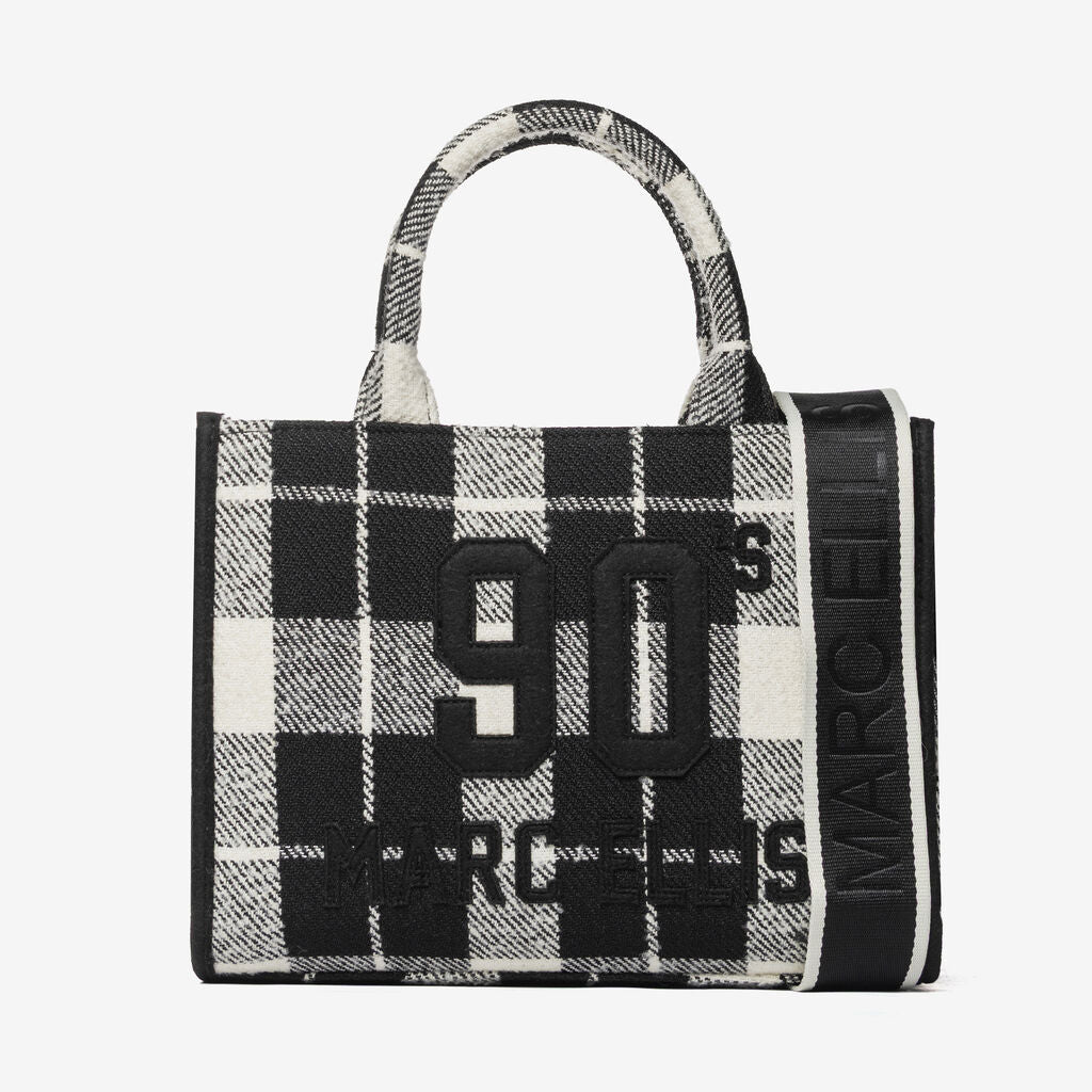 Black and White Plaid Tote with Embroidered Detail