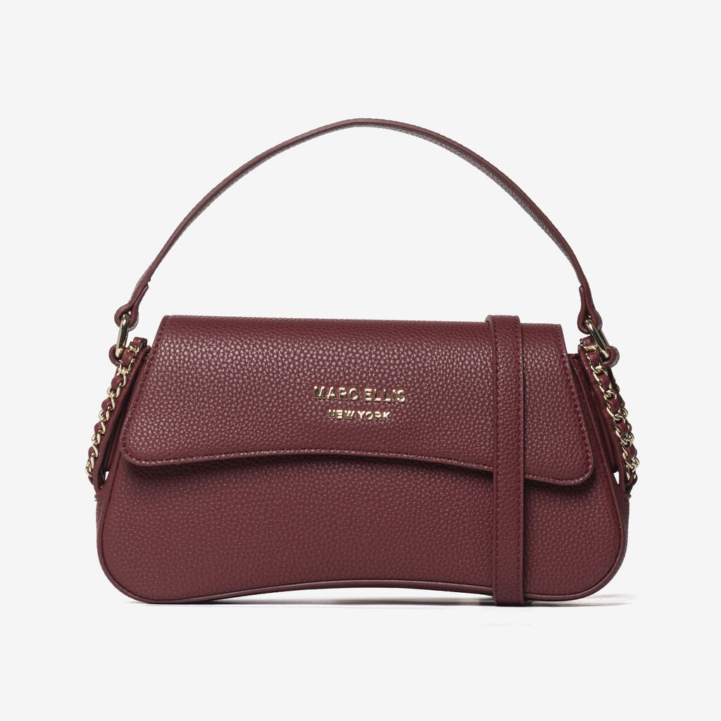 Burgundy Pebbled Leather Shoulder Bag with Chain Detail