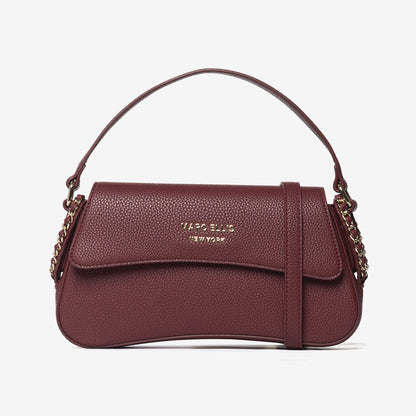 Burgundy Pebbled Leather Shoulder Bag with Chain Detail