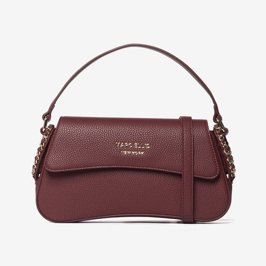 Burgundy Pebbled Leather Shoulder Bag with Chain Detail