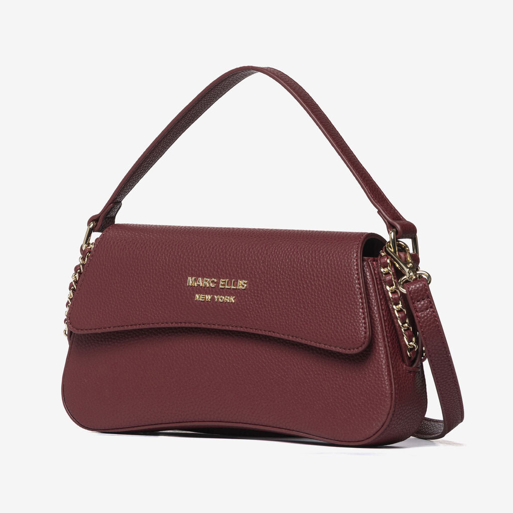 Burgundy Pebbled Leather Shoulder Bag with Chain Detail