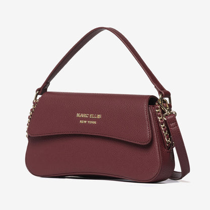 Burgundy Pebbled Leather Shoulder Bag with Chain Detail