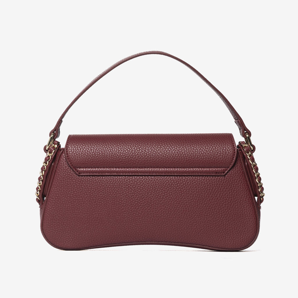 Burgundy Pebbled Leather Shoulder Bag with Chain Detail