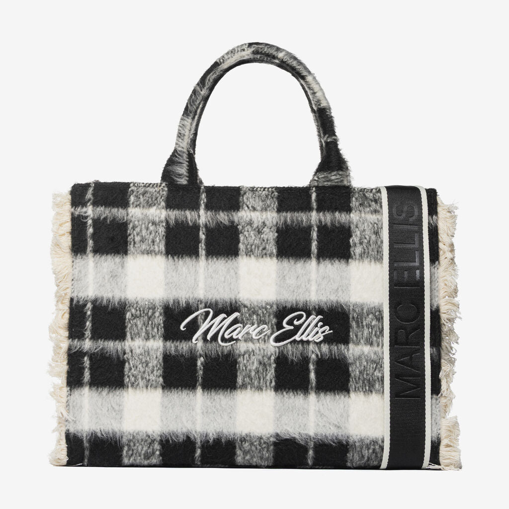 Black Plaid Handbag with Frayed Edges and Logo Detail