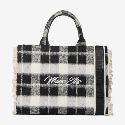 Black Plaid Handbag with Frayed Edges and Logo Detail