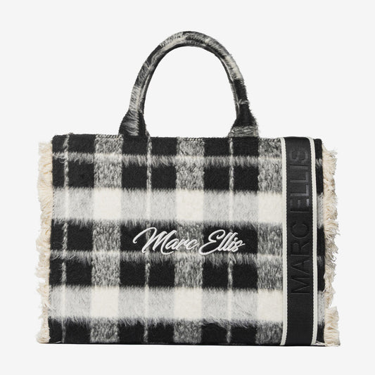 Black Plaid Handbag with Frayed Edges and Logo Detail