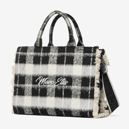 Black Plaid Handbag with Frayed Edges and Logo Detail