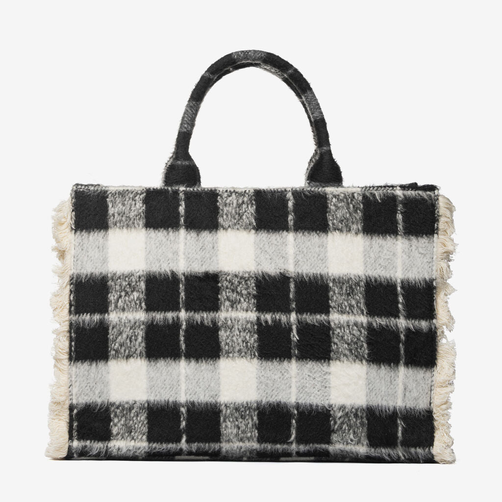 Black Plaid Handbag with Frayed Edges and Logo Detail
