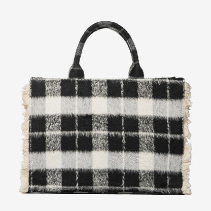 Black Plaid Handbag with Frayed Edges and Logo Detail