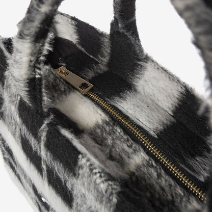 Black Plaid Handbag with Frayed Edges and Logo Detail