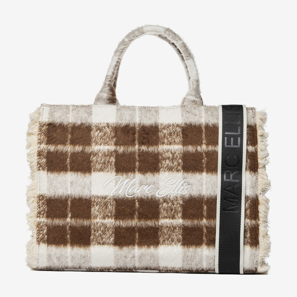 Brown Plaid Wool Tote Bag with Fringed Edges